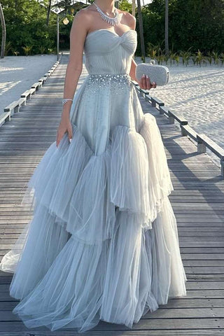 Cute Ball Gown Sweetheart Light Grey Tulle Prom Dress with Beading