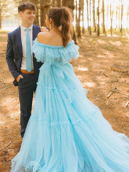 Fairy Ruffles Off the Shoulder Blue Tulle Prom Dress