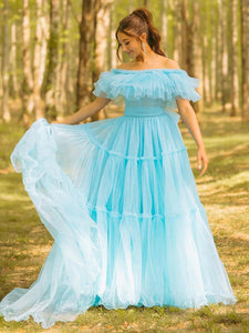 Fairy Ruffles Off the Shoulder Blue Tulle Prom Dress