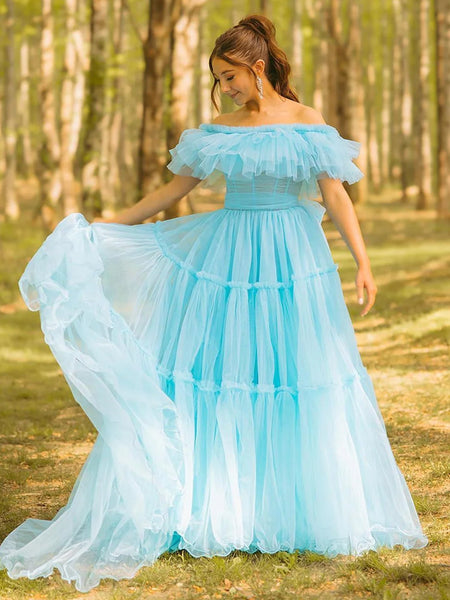 Fairy Ruffles Off the Shoulder Blue Tulle Prom Dress