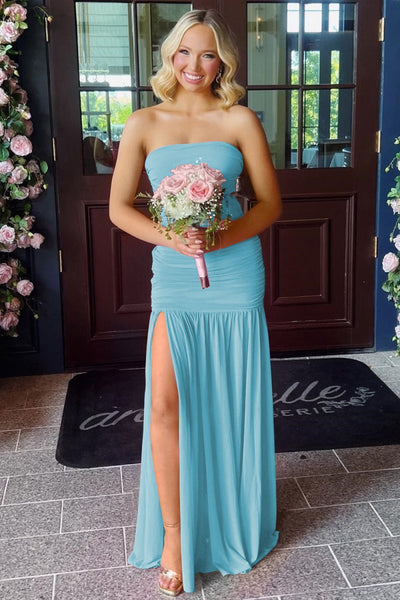 Hot Pink Sheath Strapless Pleated Chiffon Long Prom Dresses