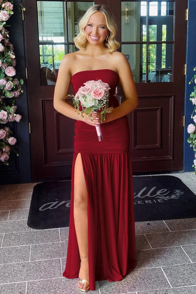 Hot Pink Sheath Strapless Pleated Chiffon Long Prom Dresses