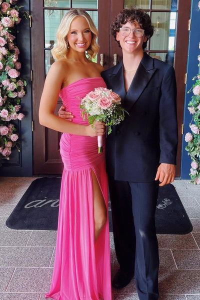 Hot Pink Sheath Strapless Pleated Chiffon Long Prom Dresses