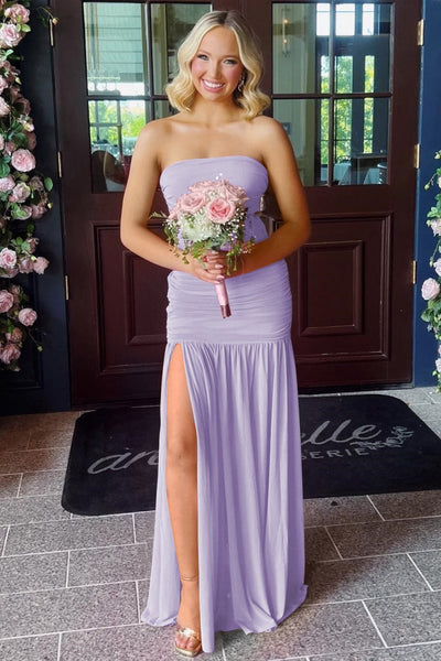 Hot Pink Sheath Strapless Pleated Chiffon Long Prom Dresses
