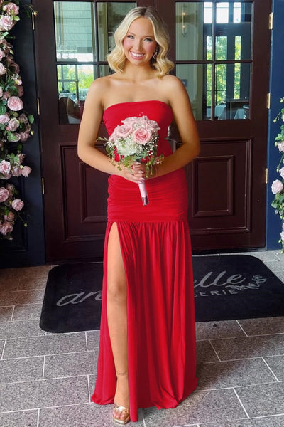 Hot Pink Sheath Strapless Pleated Chiffon Long Prom Dresses