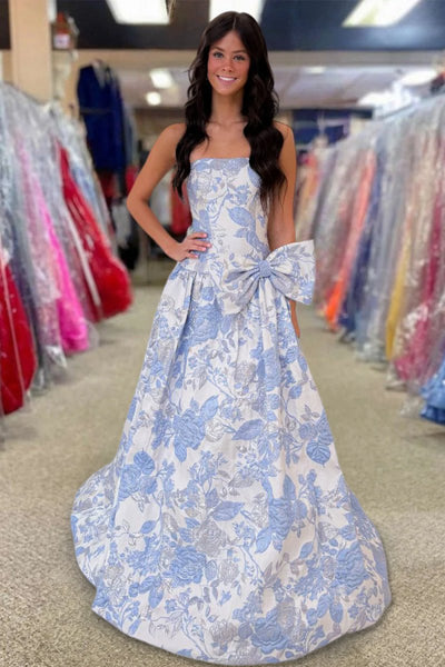 Lavender Strapless A Line Floral Printed Long Formal Prom Dresses With Bow