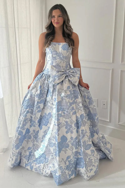 Lavender Strapless A Line Floral Printed Long Formal Prom Dresses With Bow