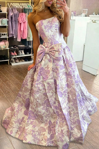 Lavender Strapless A Line Floral Printed Long Formal Prom Dresses With Bow