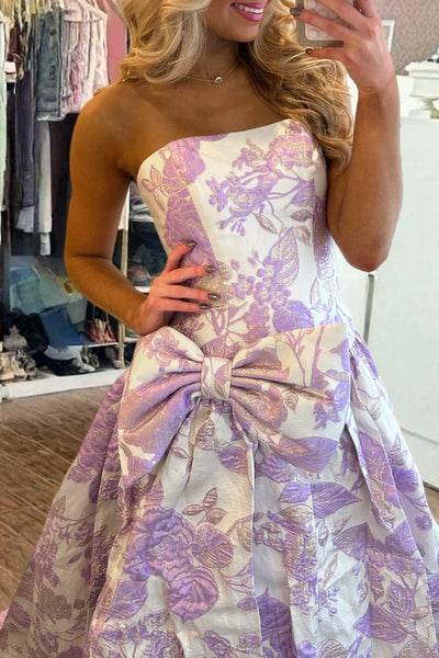 Lavender Strapless A Line Floral Printed Long Formal Prom Dresses With Bow