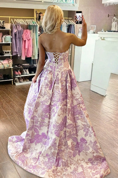 Lavender Strapless A Line Floral Printed Long Formal Prom Dresses With Bow