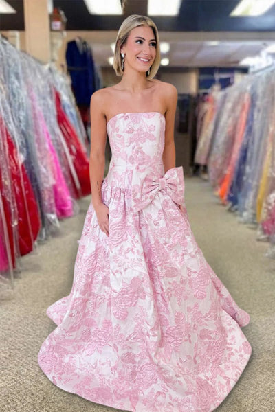 Lavender Strapless A Line Floral Printed Long Formal Prom Dresses With Bow