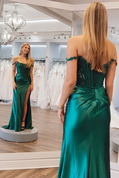 Charming Mermaid Off-the-Shoulder Satin Long Prom Dresses with Slit