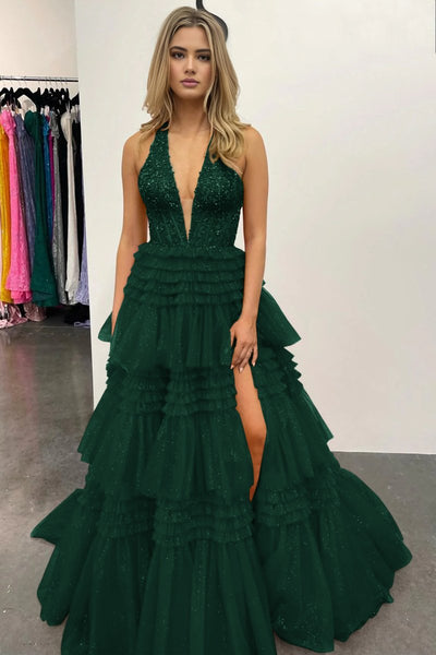 Red Tulle Appliques Halter Ruffle Tiered Ball Gown