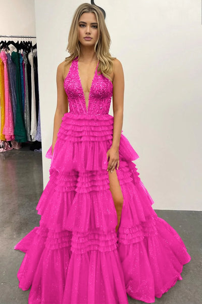 Red Tulle Appliques Halter Ruffle Tiered Ball Gown
