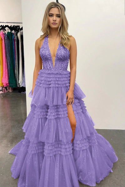 Red Tulle Appliques Halter Ruffle Tiered Ball Gown