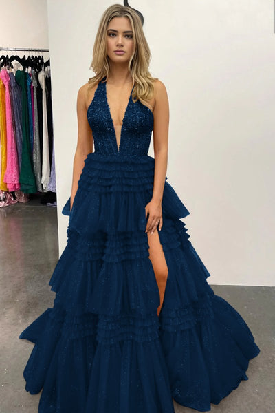 Red Tulle Appliques Halter Ruffle Tiered Ball Gown