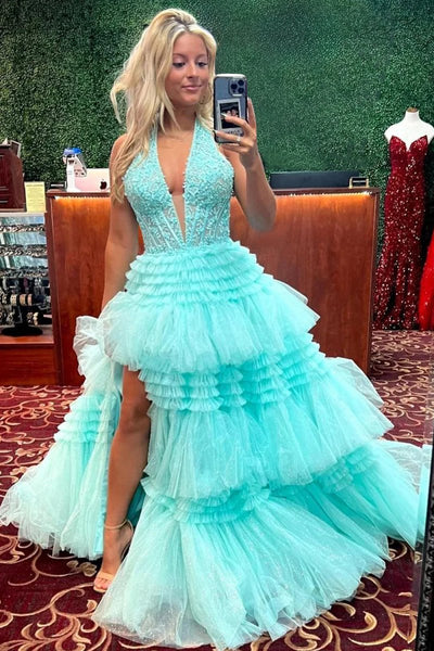 Red Tulle Appliques Halter Ruffle Tiered Ball Gown