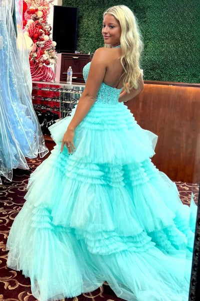Red Tulle Appliques Halter Ruffle Tiered Ball Gown