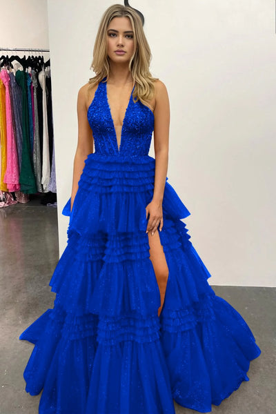 Red Tulle Appliques Halter Ruffle Tiered Ball Gown