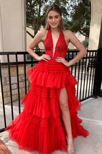 Red Tulle Appliques Halter Ruffle Tiered Ball Gown