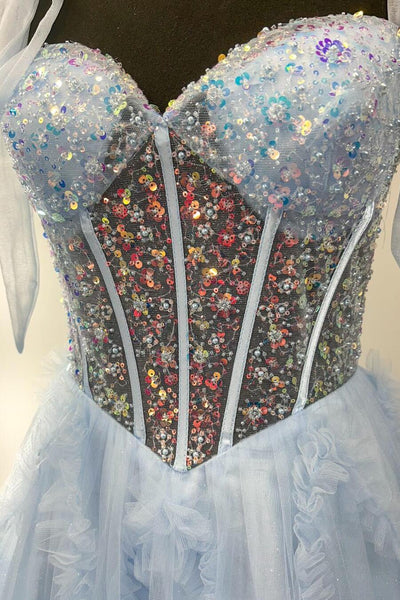 Fairy A Line Sweetheart Blue Ruffled Tulle Prom Dress with Beading