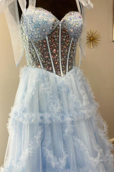 Fairy A Line Sweetheart Blue Ruffled Tulle Prom Dress with Beading