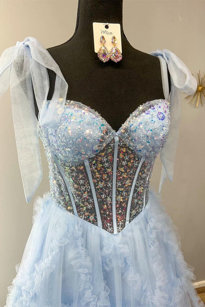 Fairy A Line Sweetheart Blue Ruffled Tulle Prom Dress with Beading