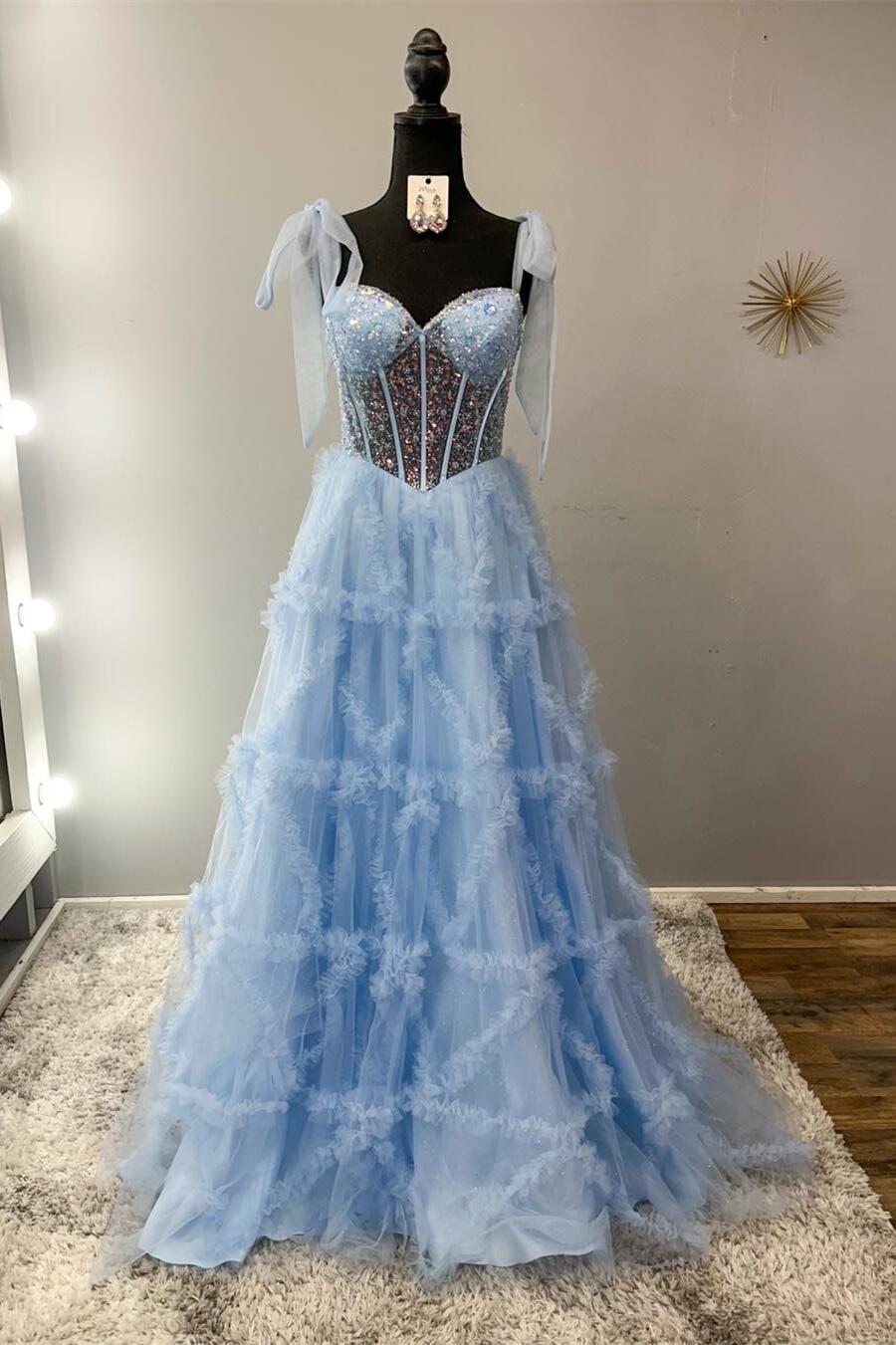 Fairy A Line Sweetheart Blue Ruffled Tulle Prom Dress with Beading
