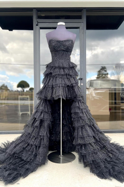Gorgeous A Line Strapless High Low Black Glitter Tulle Prom Dress