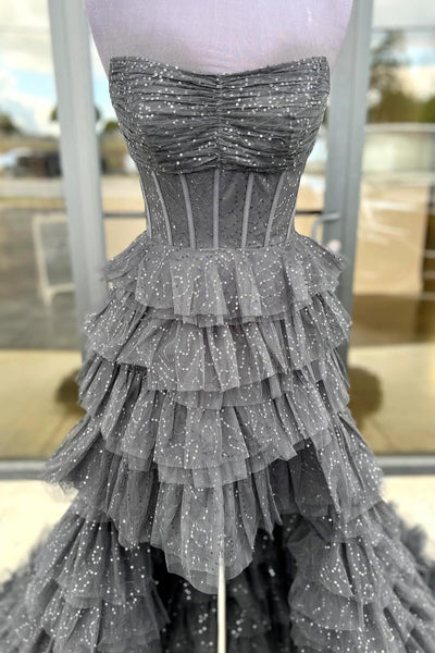 Gorgeous A Line Strapless High Low Black Glitter Tulle Prom Dress