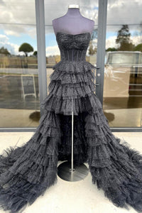 Gorgeous A Line Strapless High Low Black Glitter Tulle Prom Dress