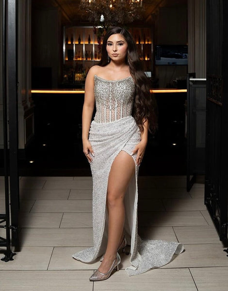 Charming Mermaid Scoop Neck Gold Sequins Slit Prom Dress With Beading
