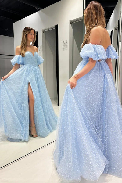 Cute A Line Sweetheart Light Blue Tulle Prom Dress with Sleeves