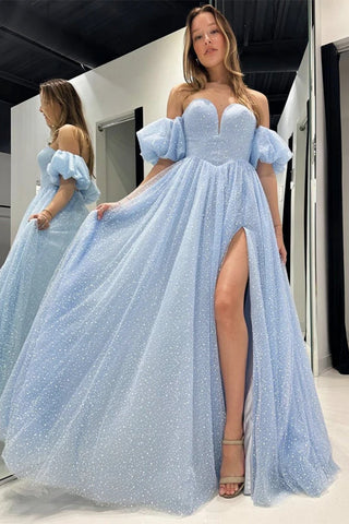 Cute A Line Sweetheart Light Blue Tulle Prom Dress with Sleeves