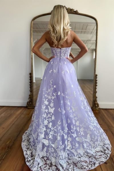 Cute A Line Sweetheart Lavender Lace Tulle Long prom Dress