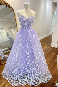 Cute A Line Sweetheart Lavender Lace Tulle Long prom Dress