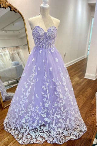 Cute A Line Sweetheart Lavender Lace Tulle Long prom Dress