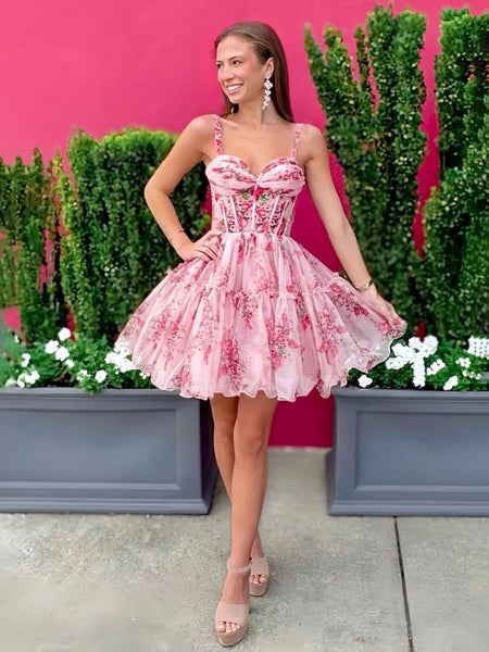 Pink - A Line Sweetheart Floral Tulle Short Homecoming Dresses