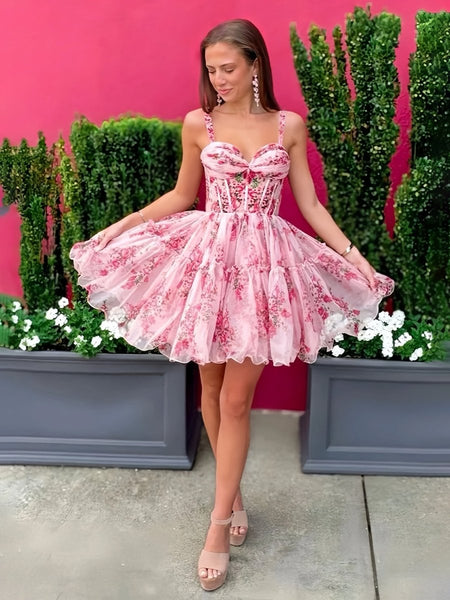 Pink - A Line Sweetheart Floral Tulle Short Homecoming Dresses