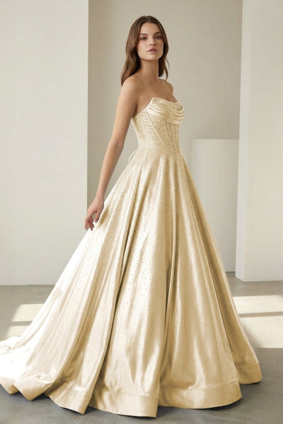 Yellow - Strapless A Line Satin Beaded Long Prom Dresses With Pockets