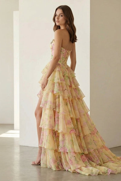 Yellow - Strapless A Line Floral Chiffon Ruffled Prom Dresses With Beading