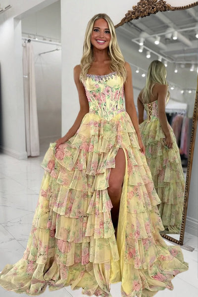 Yellow - Strapless A Line Floral Chiffon Ruffled Prom Dresses With Beading