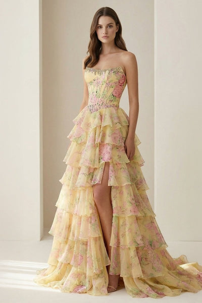 Yellow - Strapless A Line Floral Chiffon Ruffled Prom Dresses With Beading
