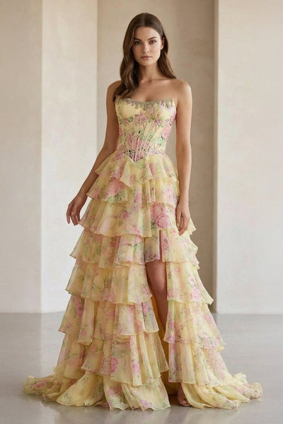 Yellow - Strapless A Line Floral Chiffon Ruffled Prom Dresses With Beading
