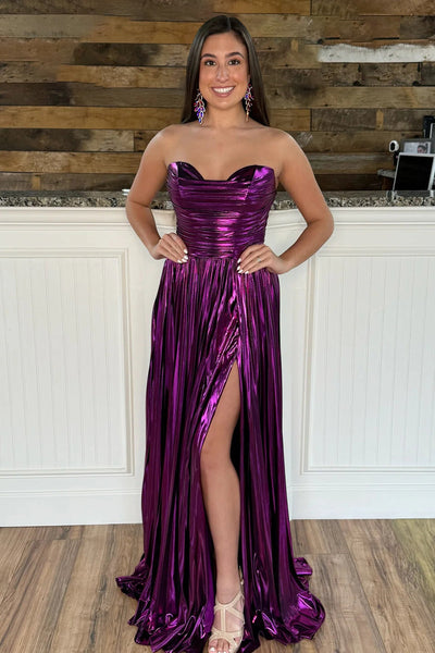 Fashion A Line Strapless Metallic Satin Pleated Prom Dresses with Slit