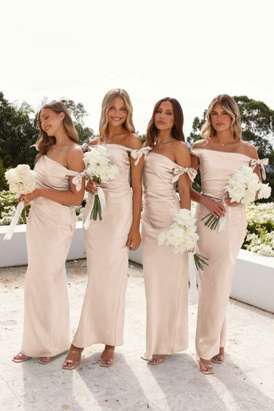 Off-Shoulder Sheath Pleated Satin Sky Blue Long Bridesmaid Dress