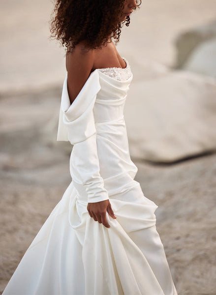 Off-The-Shoulder Long Sleeves Satin Wedding Dresses Sequins