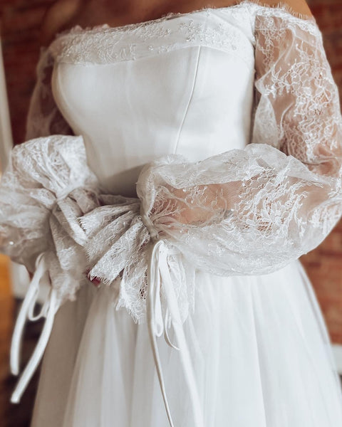 Women's A Line Tulle Wedding Dresses Boho Lace Long Sleeves Wedding Gowns for Bride