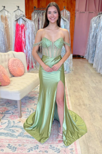 Off Shoulder Mermaid Satin Crystal Beaded Long Prom Dresses with Slit