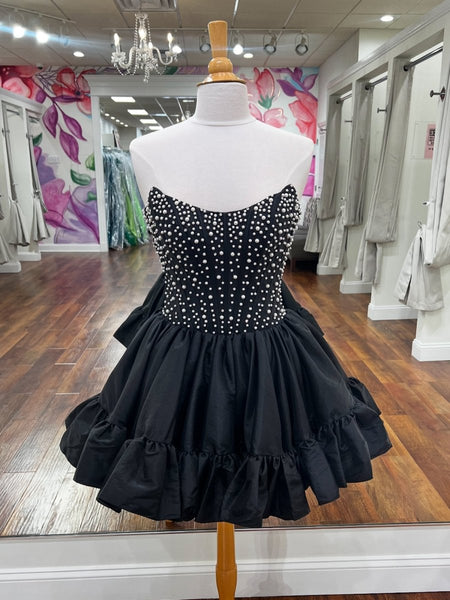 Pink Strapless A Line Satin Ruffles Homecoming Dresses With Pearls